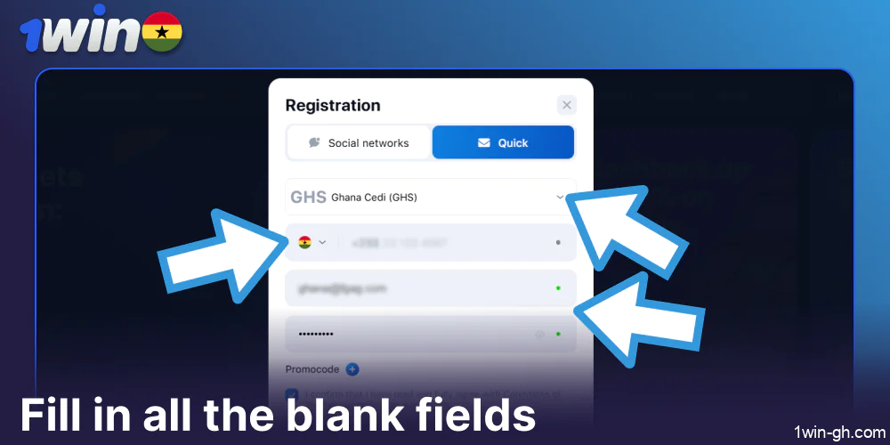 Fill in all the blank fields on the 1win website