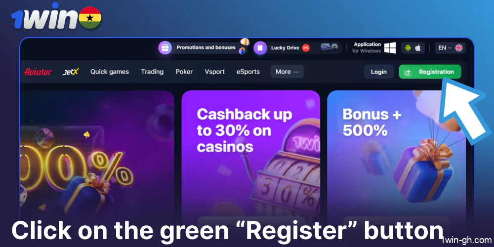 Click on the green “Register” button on 1win