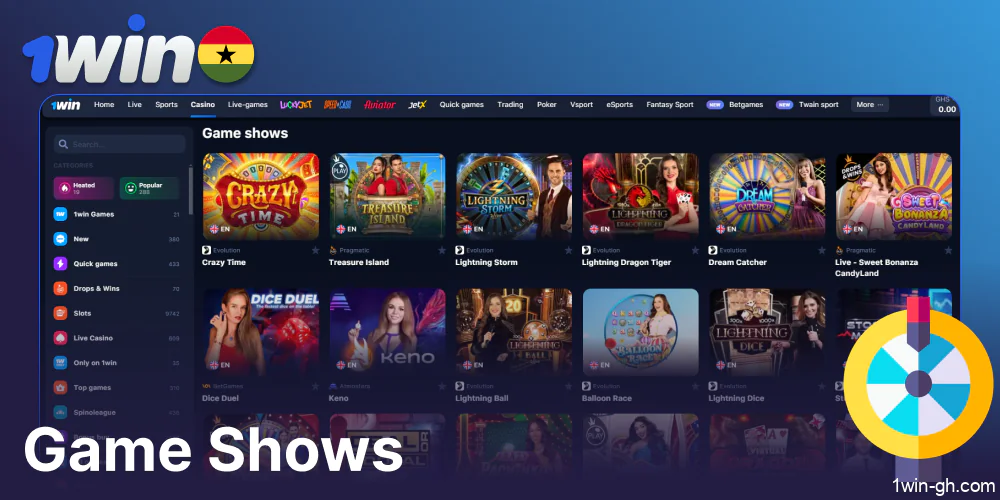 Live game shows available on 1win Ghana