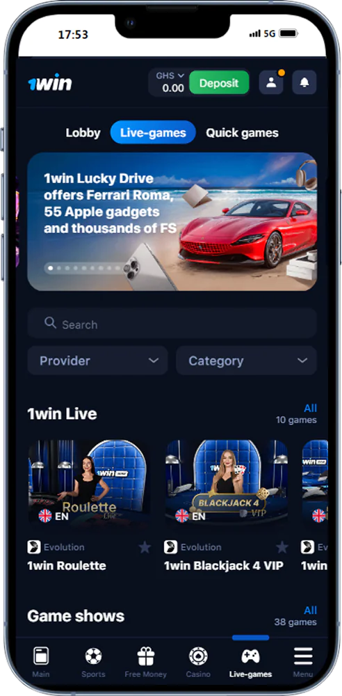 Live games on the 1win app